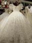 White Tulle V-neck Puff Sleeve Pearls Wedding Dress