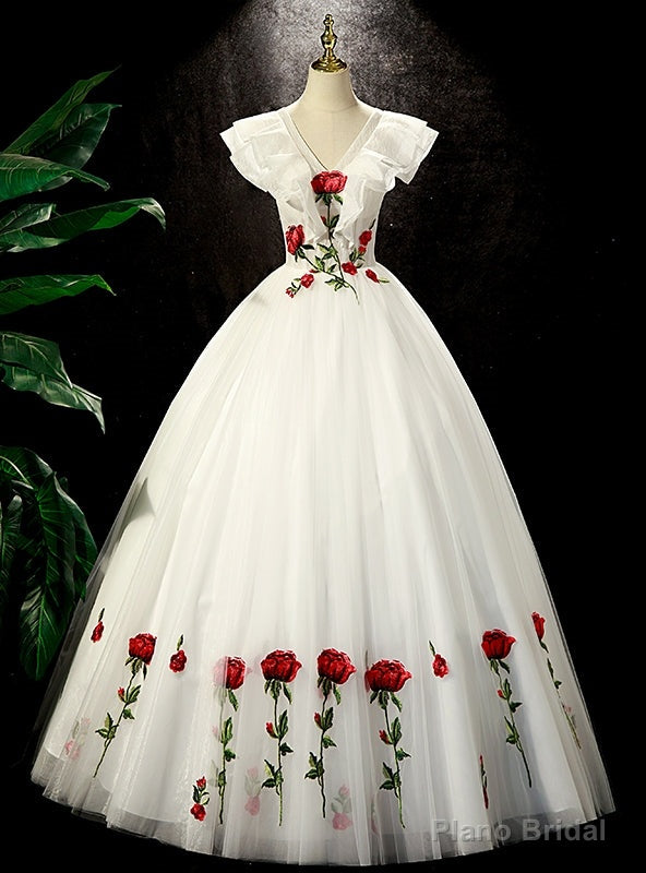 White Tulle V-neck Rose Flower Quinceanera Dress
