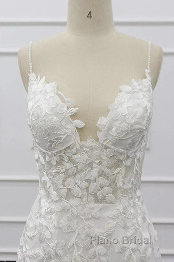 White Tulle Wedding Dresses Lace Appliques Spaghetti Straps Mermaid Bridal Dresses Open Back