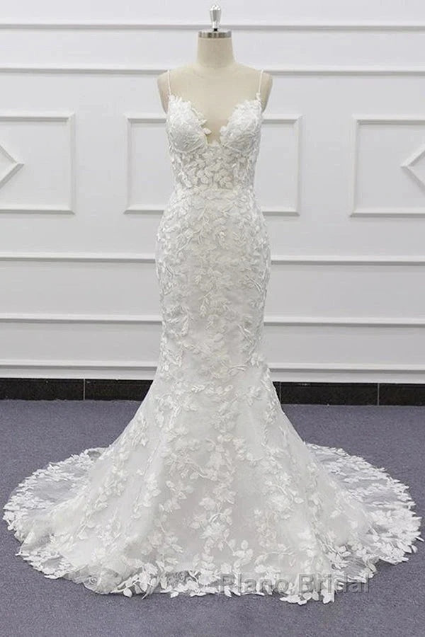 White Tulle Wedding Dresses Lace Appliques Spaghetti Straps Mermaid Bridal Dresses Open Back