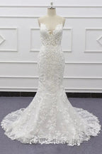 White Tulle Wedding Dresses Lace Appliques Spaghetti Straps Mermaid Bridal Dresses Open Back