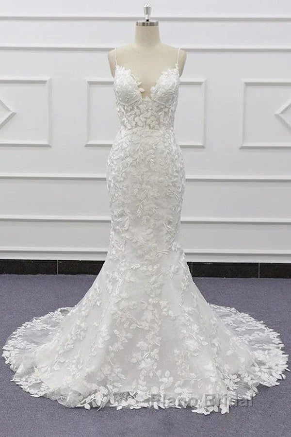 White Tulle Wedding Dresses Lace Appliques Spaghetti Straps Mermaid Bridal Dresses Open Back