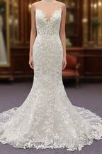 White Tulle Wedding Dresses Lace Appliques Spaghetti Straps Mermaid Bridal Dresses Open Back
