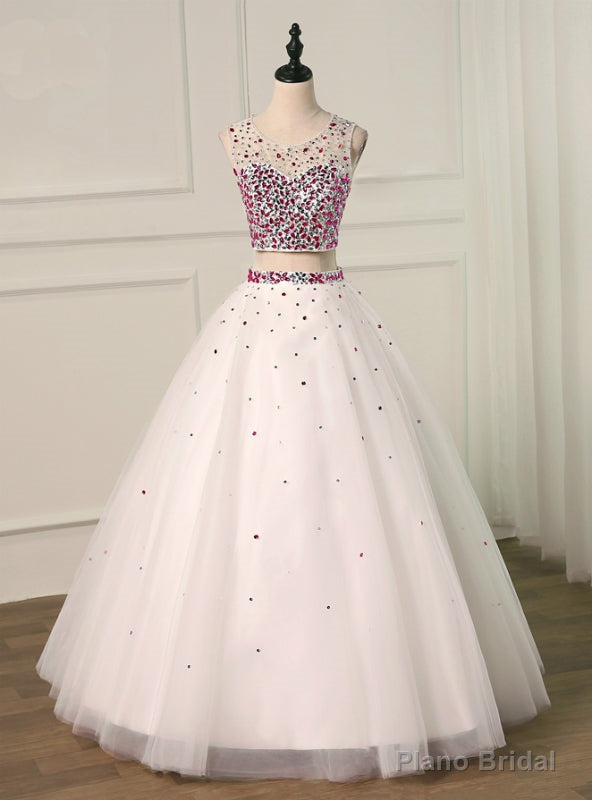 White Two Piece Tulle Crystal Backless Crystal Quinceanera Dresses Main image
