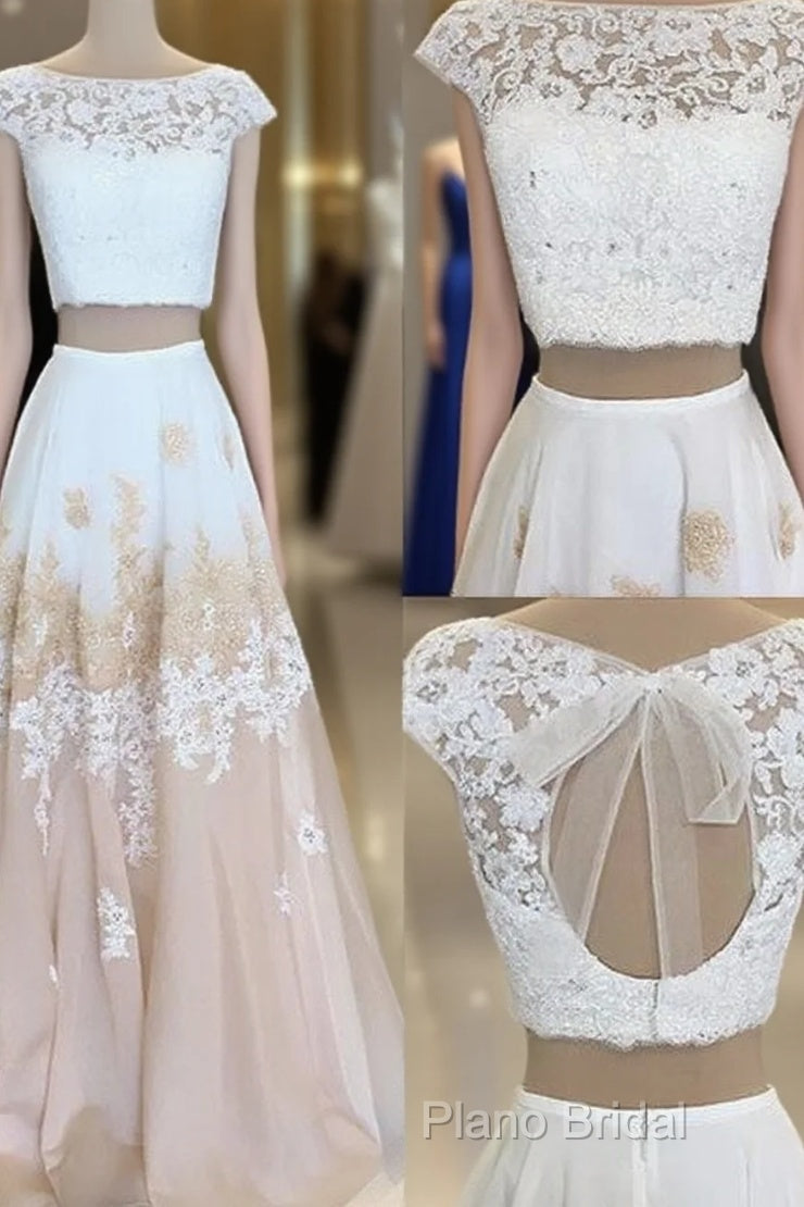 White Two Pieces Lace Long Formal Prom Dresses, White Formal Dresses