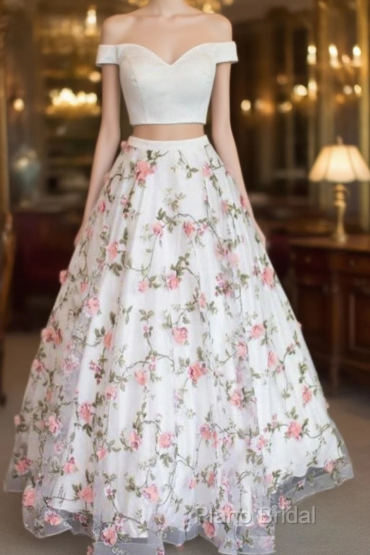 White Two Pieces Tulle Long Formal Prom Dresses, Tulle Formal Dresses 0021