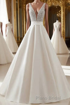 White v neck beads sequin long Formal Prom dress, white evening dress