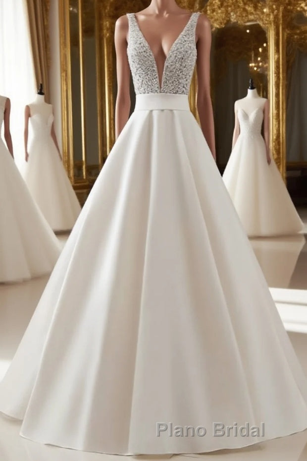 White v neck beads sequin long Formal Prom dress, white evening dress