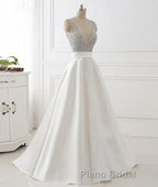 White v neck beads sequin long Formal Prom dress, white evening dress