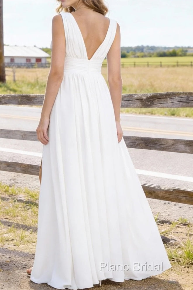 White V Neck Chiffon Floor Length Bridesmaid Dresses Long Bridesmaid Dress With Pleated Split Secondary image