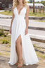 White V Neck Chiffon Floor Length Bridesmaid Dresses Long Bridesmaid Dress With Pleated Split
