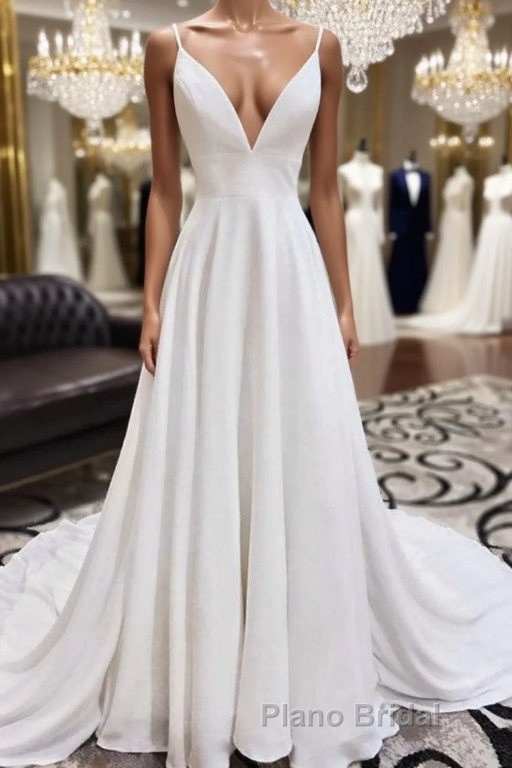 White v neck chiffon long Formal Prom dress, white lace evening dress Main image