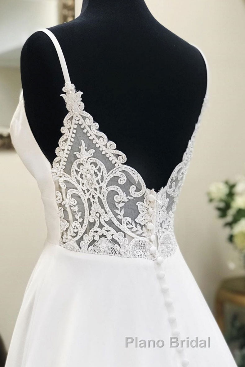 White v neck chiffon long Formal Prom dress, white lace evening dress