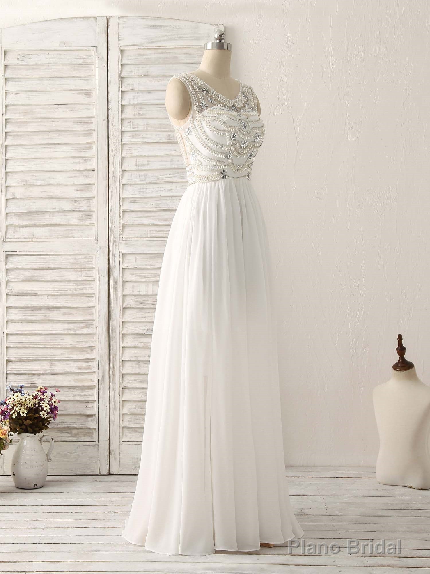 White V Neck Chiffon Long Prom Dresses, White Long Evening Dresses Secondary image