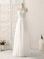 White V Neck Chiffon Long Prom Dresses, White Long Evening Dresses