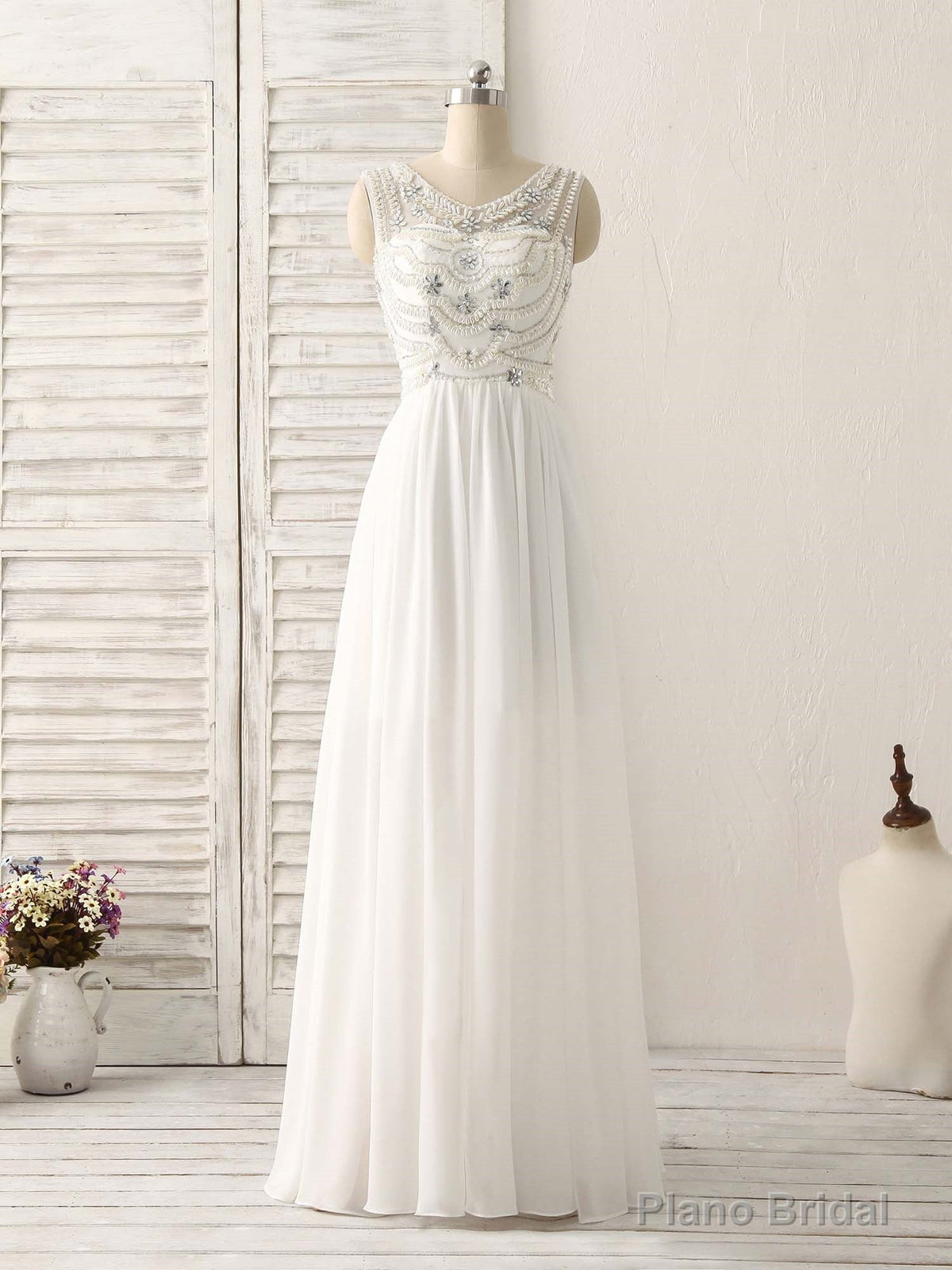 White V Neck Chiffon Long Prom Dresses, White Long Evening Dresses Main image