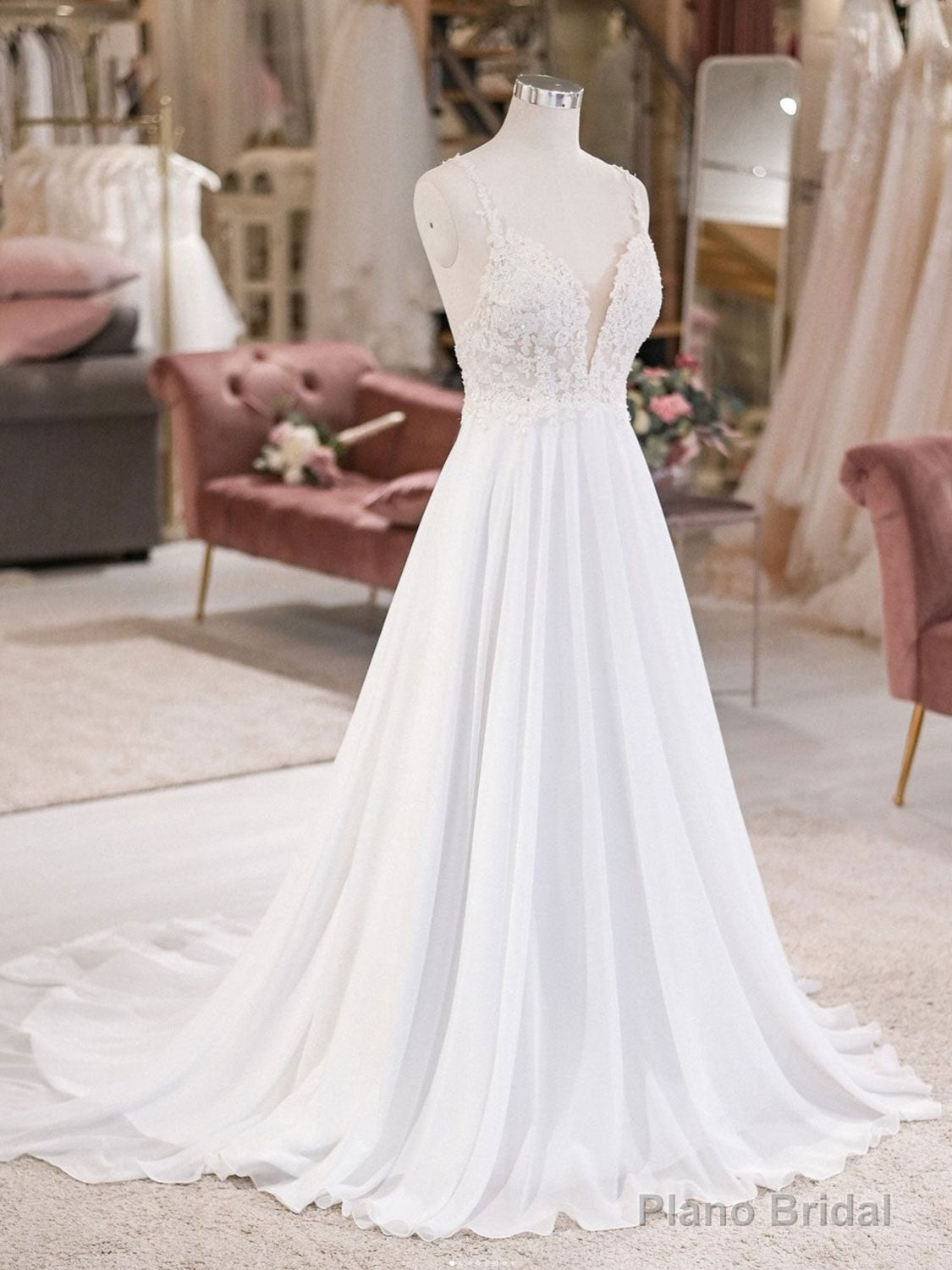 White V Neck Lace Chiffon Long Wedding Dress, Beach Wedding Dress Main image