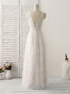 White V Neck Lace Long Prom Dress Backless Lace Evening Dress