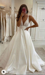 White V Neck Satin Lace Long Formal Prom Dresses Formal Evening Dresses