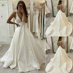White V Neck Satin Lace Long Formal Prom Dresses Formal Evening Dresses