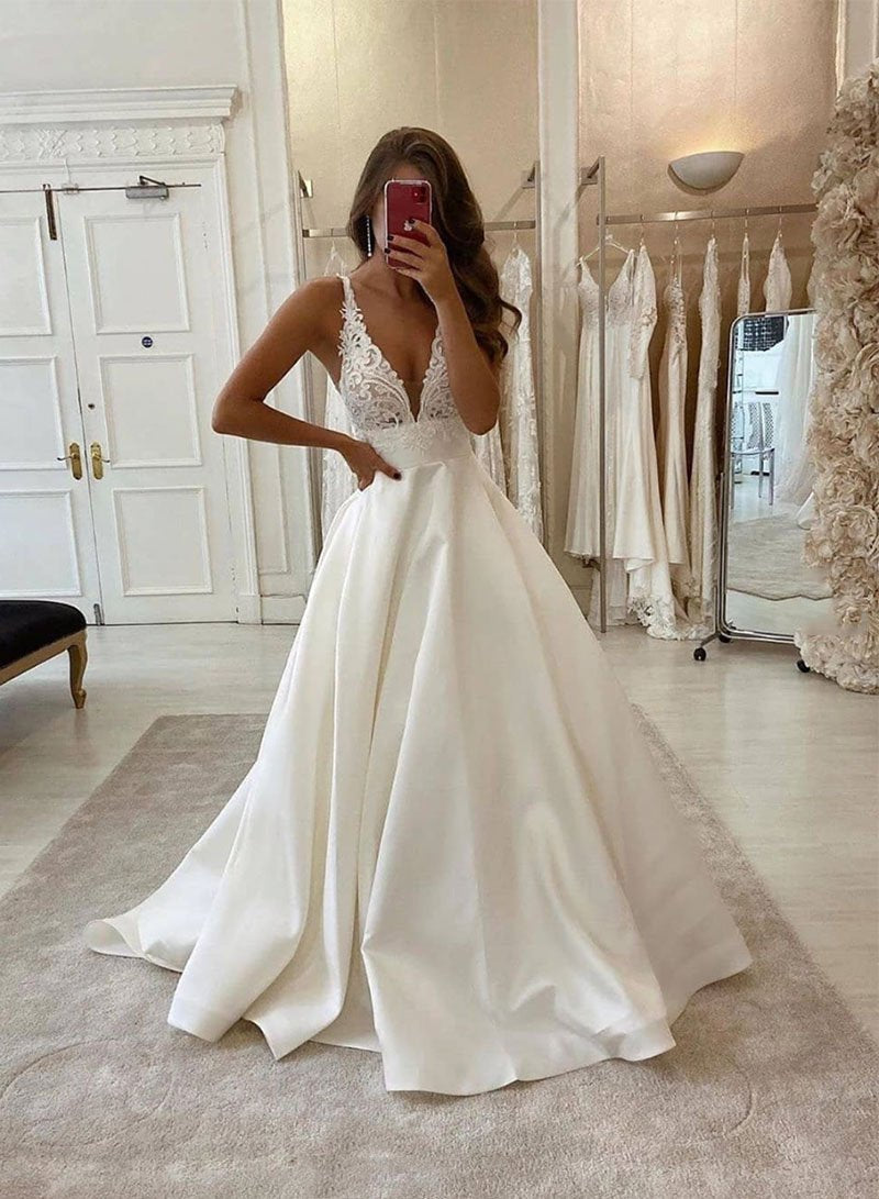 White V Neck Satin Lace Long Formal Prom Dresses Formal Evening Dresses