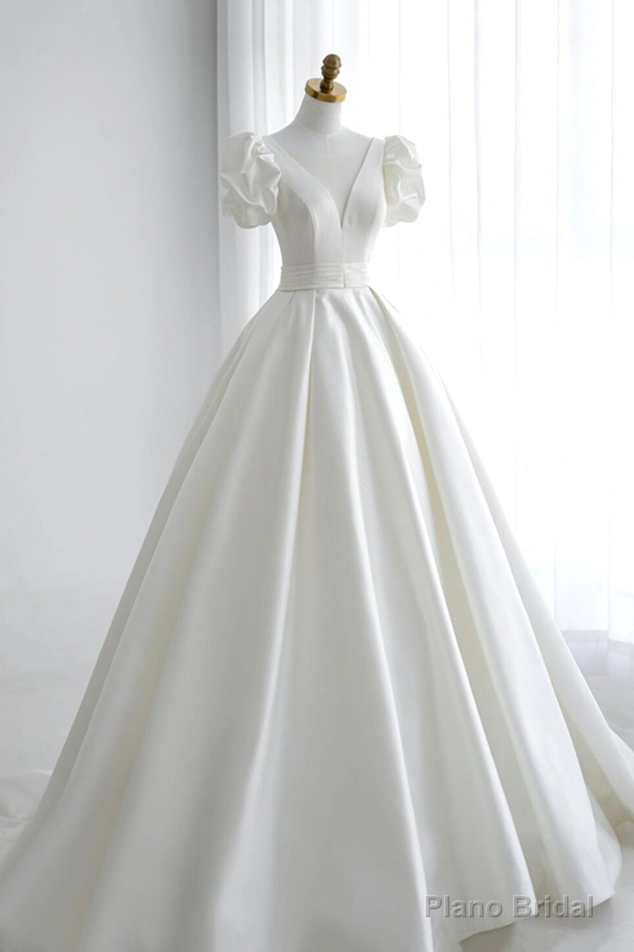White V-Neck Satin Long Prom Dress, A-Line Short Sleeve Formal Dress Secondary image