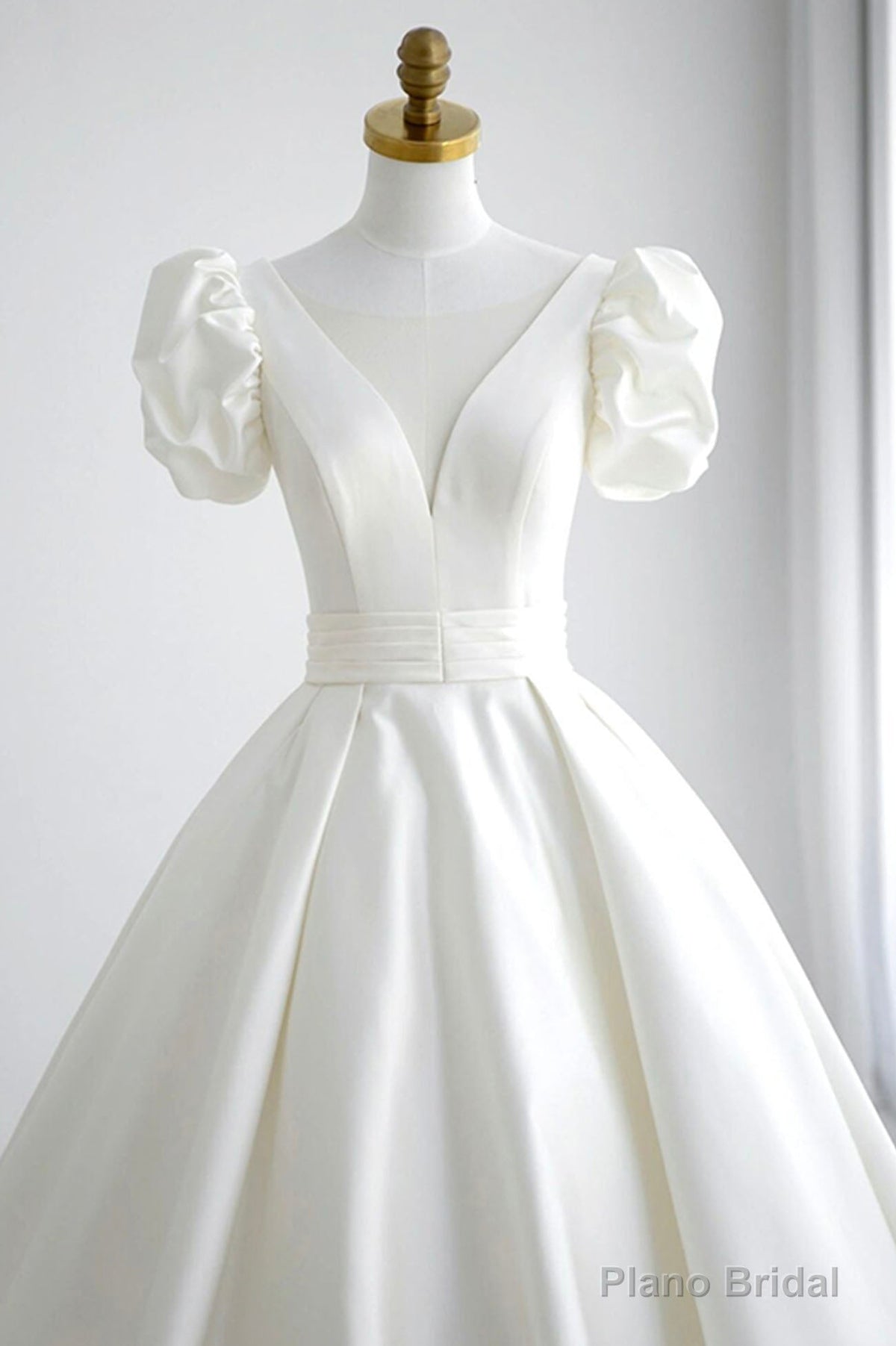 White V-Neck Satin Long Prom Dress, A-Line Short Sleeve Formal Dress Main image