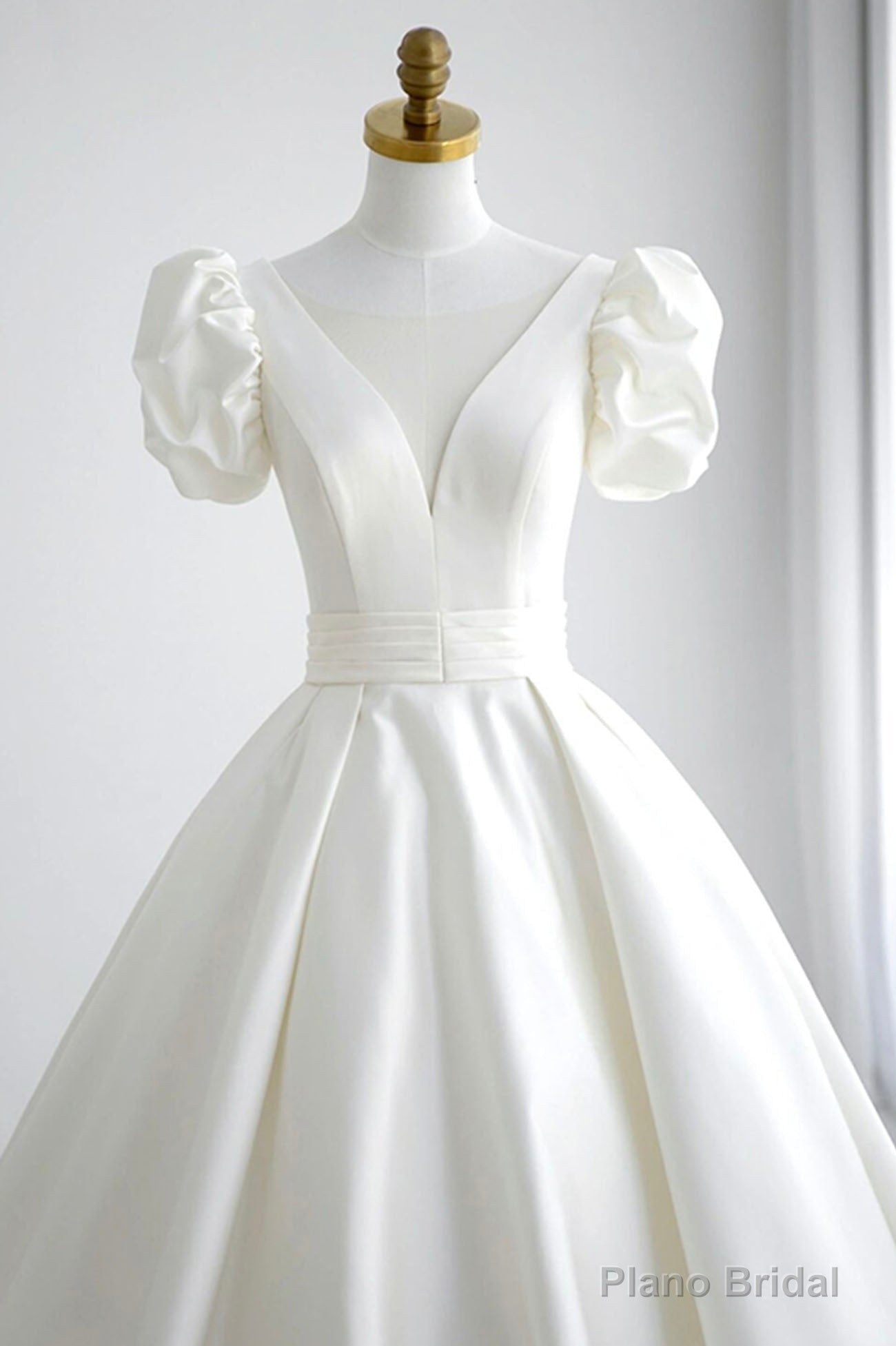 White V-Neck Satin Long Prom Dress, A-Line Short Sleeve Formal Dress Main image