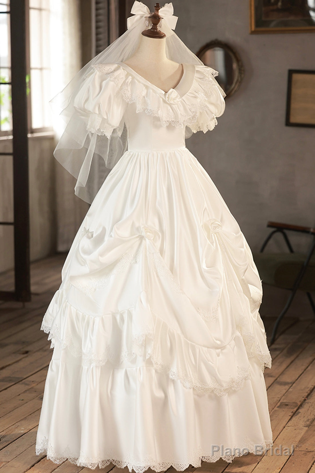White V-Neck Satin Long Prom Dress with Lace, Wedding Dress Main image