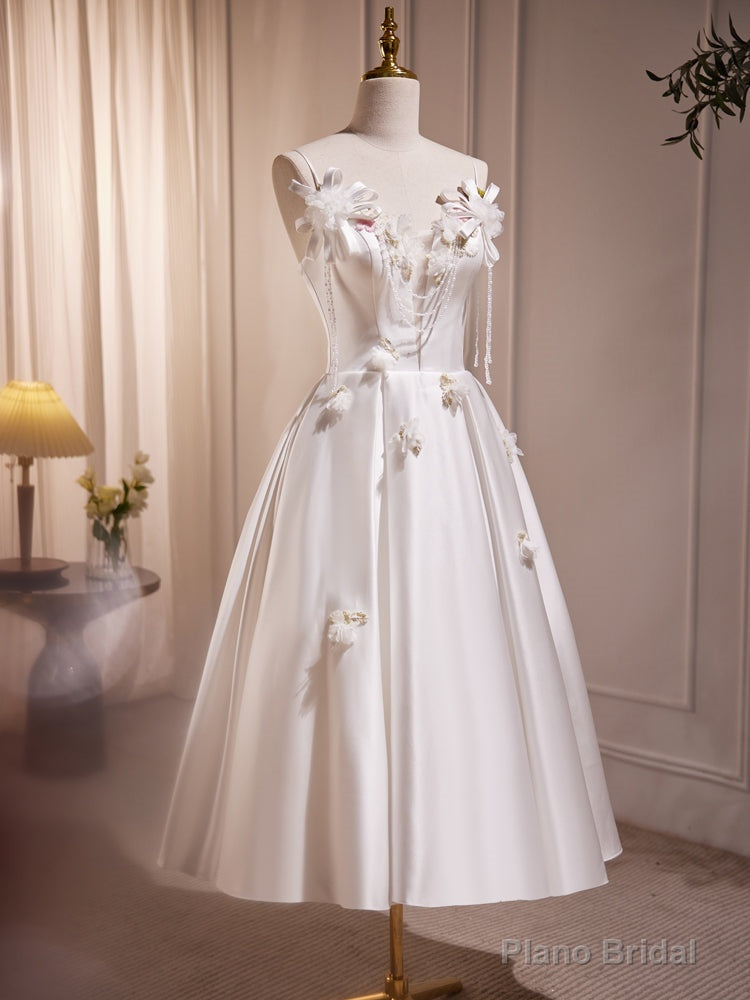 White V Neck Satin Tea Length Prom Dress, White Formal Dress With Beading Main image