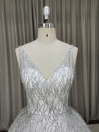 White V Neck Sequin Tulle Long Prom Dress White Tulle Evening Dress