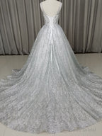 White V Neck Sequin Tulle Long Prom Dress White Tulle Evening Dress