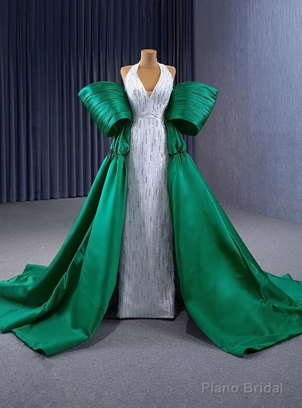 White V-neck Sequins Beading Green Satin Prom Dress Main image