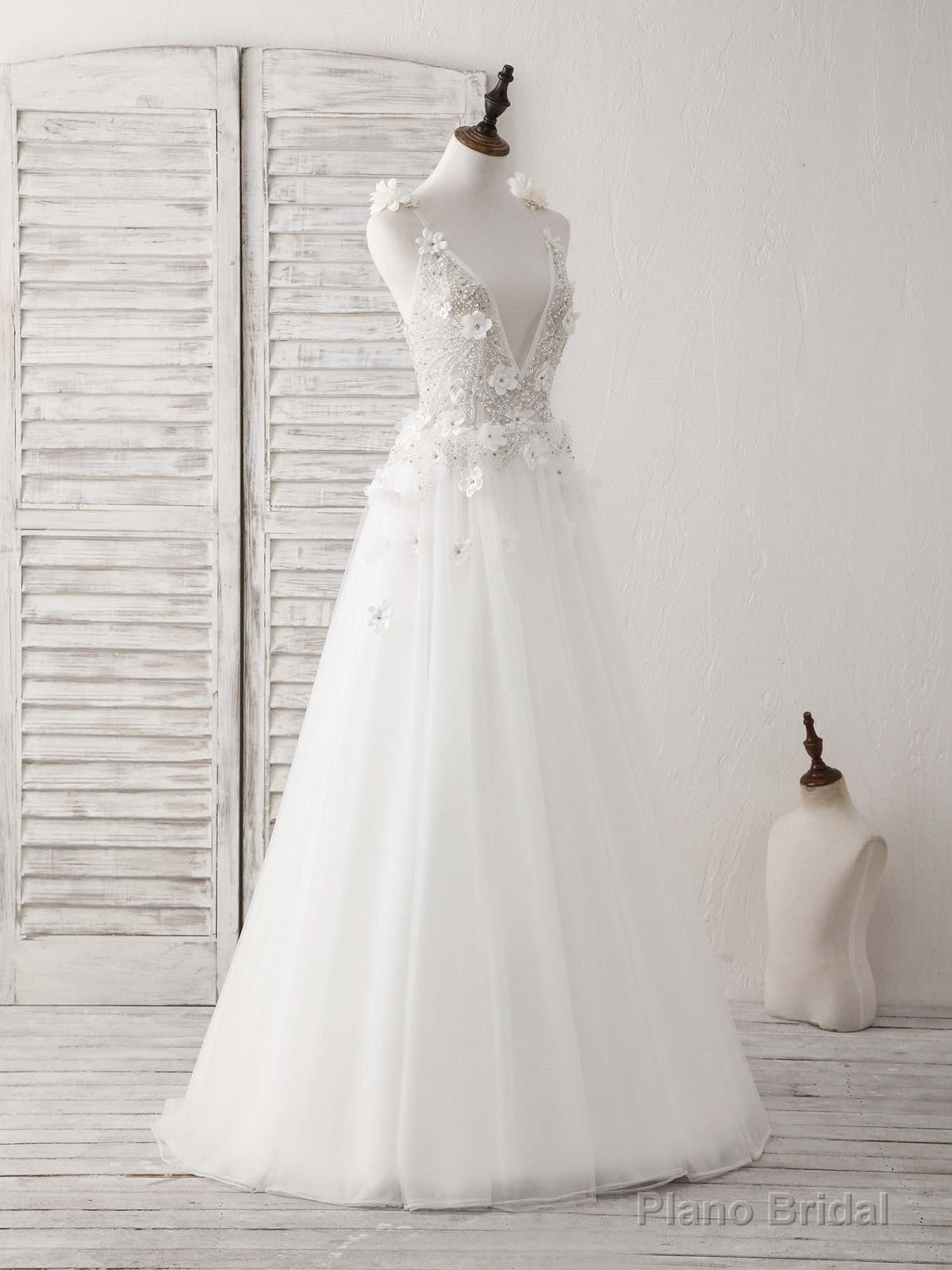 White V Neck Tulle Beads Long Prom Dress White Evening Dress Main image