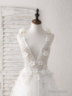 White V Neck Tulle Beads Long Prom Dress White Evening Dress