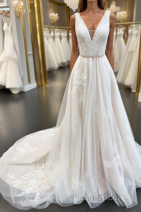 White v neck tulle lace long Formal Prom dress, lace evening dress Main image