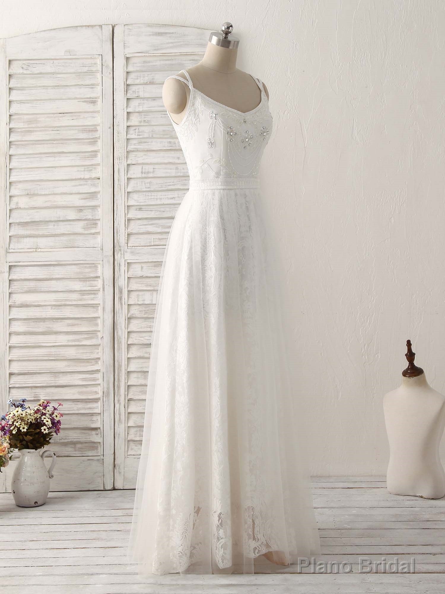 White V Neck Tulle Lace Long Prom Dress White Evening Dress