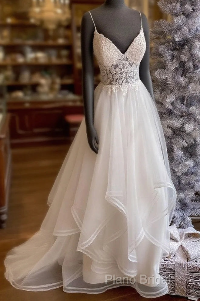 White V Neck Tulle Lace Long Formal Prom Dresses, White Lace Formal Dresses Main image