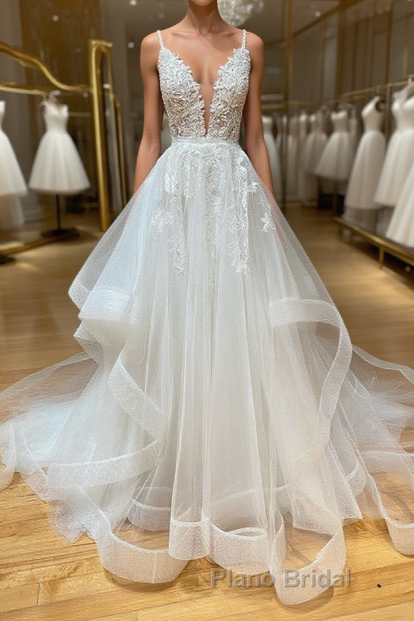 White v neck tulle lace long Formal Prom dress, white lace formal dress Main image