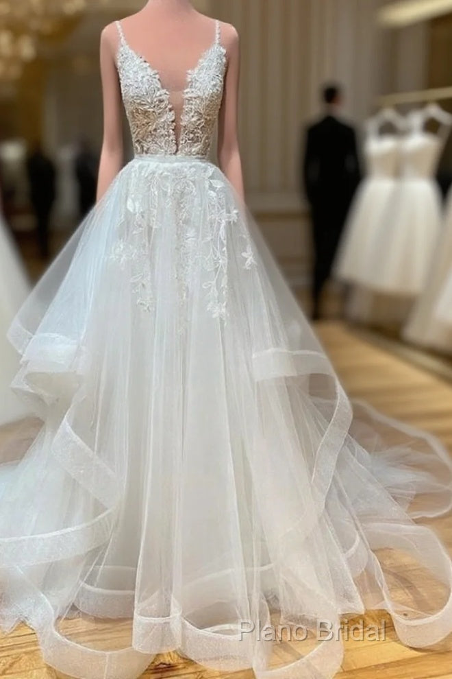 White V Neck Tulle Lace Long Formal Prom Dresses White Lace Wedding Dresses Main image