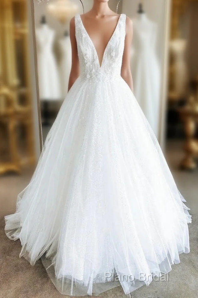 White V Neck Tulle Lace Long Formal Prom Gown Wedding Dresses