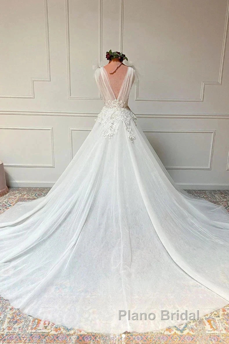 White V Neck Tulle Lace Long Wedding Dresses Secondary image