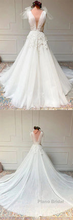 White V Neck Tulle Lace Long Wedding Dresses