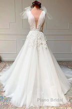 White V Neck Tulle Lace Long Wedding Dresses