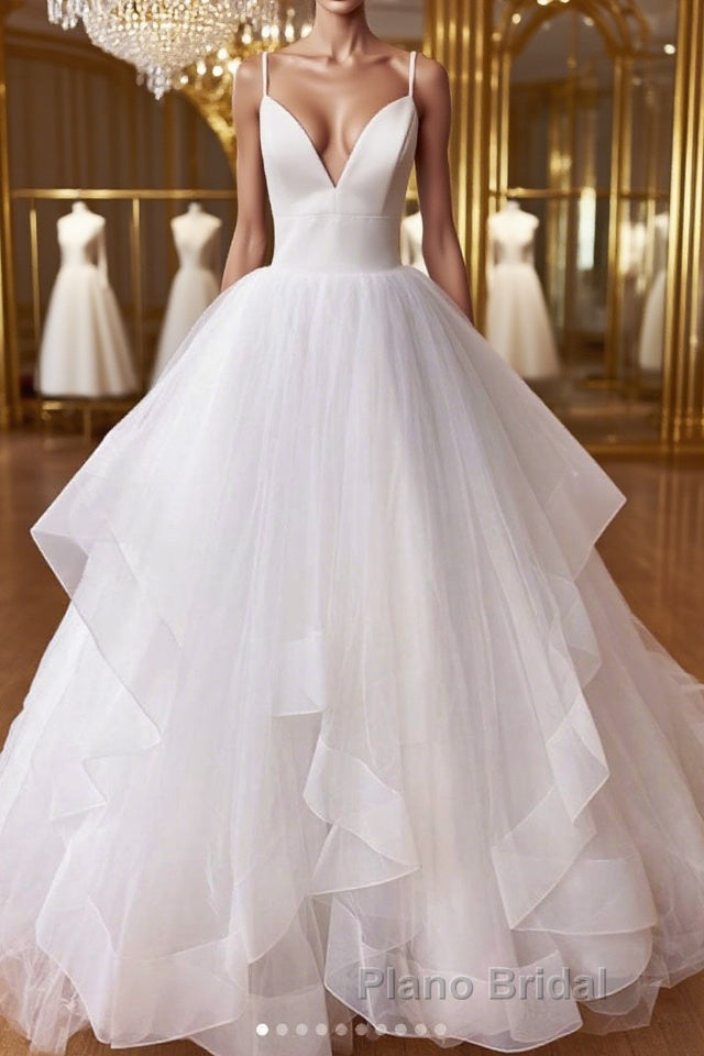White v neck tulle long Formal Prom dress white tulle evening dress Main image