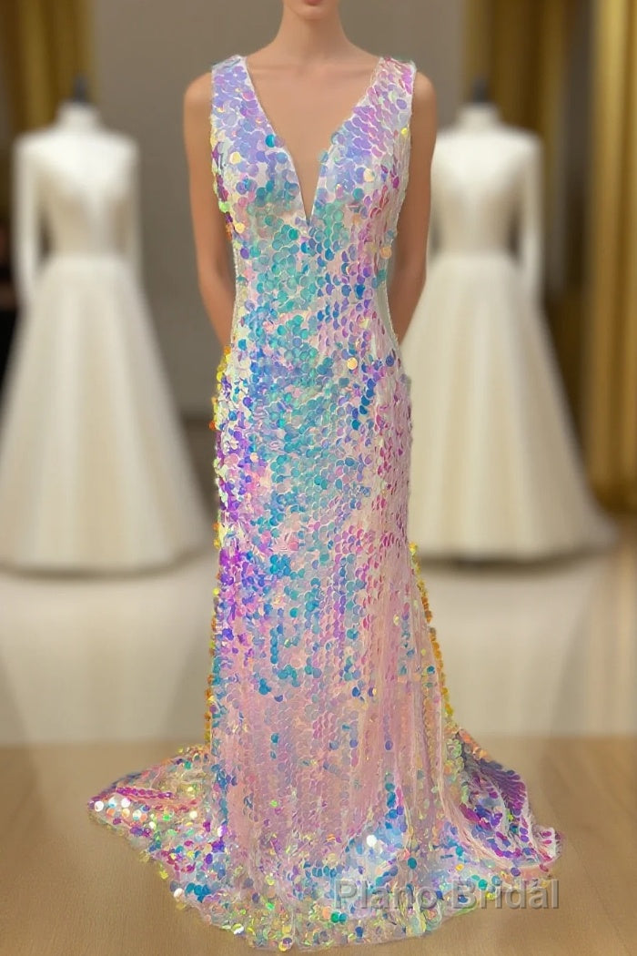 Mermaid V-Neck Sequined Long Formal Prom Dresses Main image