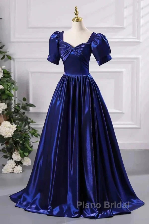 Wholesale Blue Satin Floor Length Formal Prom Dresses A-Line Short Sleeve Backless Evening Party Dresses Secondary image