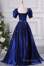 Wholesale Blue Satin Floor Length Formal Prom Dresses A-Line Short Sleeve Backless Evening Party Dresses