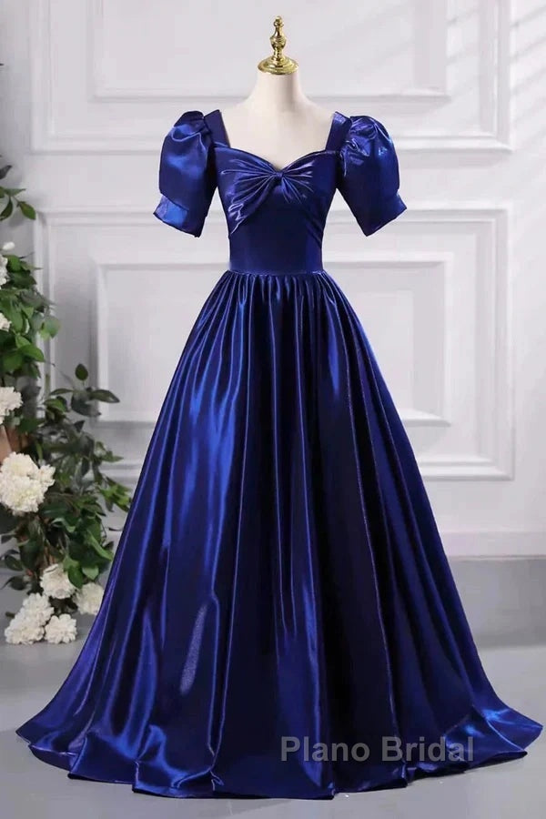 Wholesale Blue Satin Floor Length Formal Prom Dresses A-Line Short Sleeve Backless Evening Party Dresses