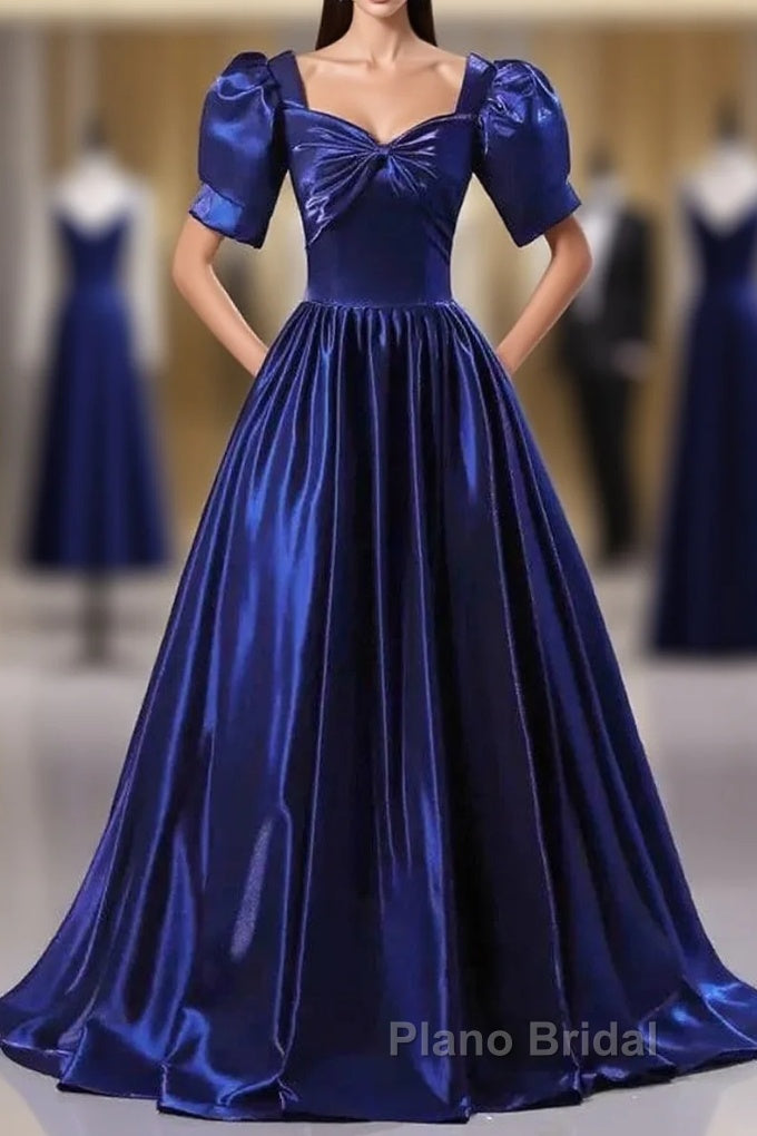 Wholesale Blue Satin Floor Length Formal Prom Dresses A-Line Short Sleeve Backless Evening Party Dresses Main image